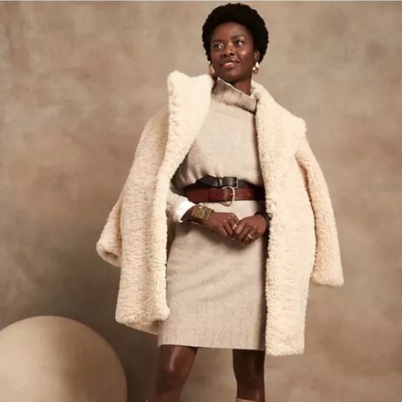 Banana Republic NWT Mock Neck Sweater Dress Heather Wheat Tan Wool Blend Shift